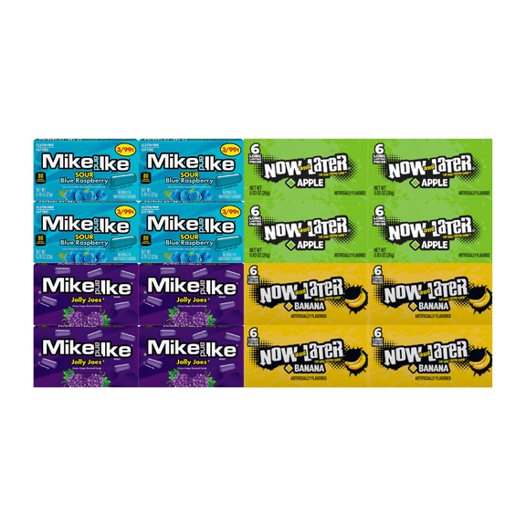 Assorted Candy Mix Variety Pack Includes 2 Flavors of Mike and Ike (Sour Blue Raspberry, Jolly Joes) & 2 Flavors of Now and Later (Apple, Banana) 4 Each Flavor Bulk 16 Pack for Sharing
