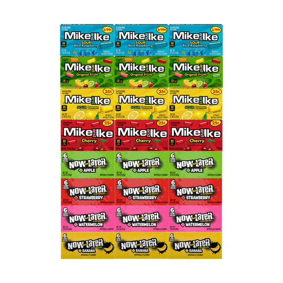 Assorted Candy Mix Variety Pack Includes 4 Flavors of Mike and Ike & 4 Flavors of Now and Later 3 Each Flavor 24 Pack Fruity Chewy Candy for Snacking, Sharing & Parties