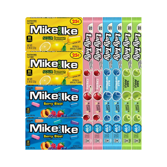 Assorted Candy Mix Variety Pack, Mike and Ike & Laffy Taffy Ropes, 10 Pack - 2 Each Flavor: Sour Lemon, Berry Blast, Cherry, Blue Raspberry, Sour Apple - Fun Variety for Candy Lovers