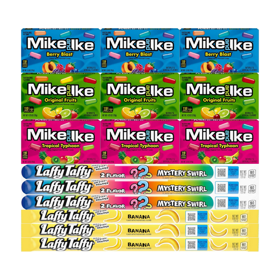 Assorted Candy Mix Variety Pack - Mike and Ike & Laffy Taffy Ropes, 15 Count with Berry Blast, Original Fruits, Tropical Typhoon, Mystery Swirl, Banana Flavors - 3 Each for Kids and Adults, 15 Pack