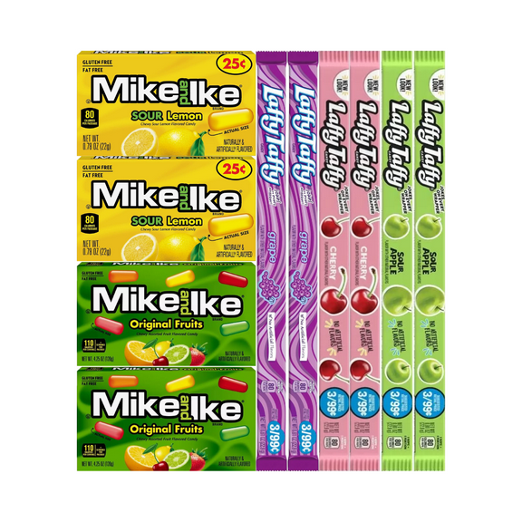Assorted Candy Mix Variety Pack - Mike and Ike & Laffy Taffy Ropes, 2 Each of Flavors: Sour Lemon, Original Fruits, Grape, Cherry, Sour Apple, 10 Pack
