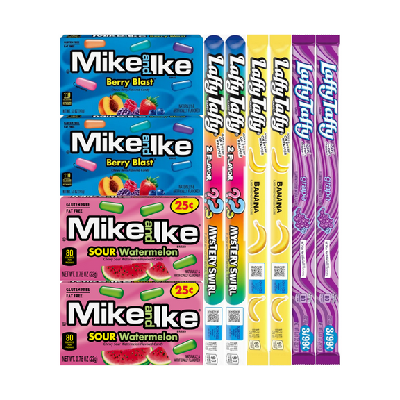 Assorted Candy Mix Variety Pack, Mike and Ike & Laffy Taffy Ropes, Includes Berry Blast, Sour Watermelon, Mystery Swirl, Banana, Grape, 10 Pack, 2 Each Flavor, Fruity Chewy Candy Assortment