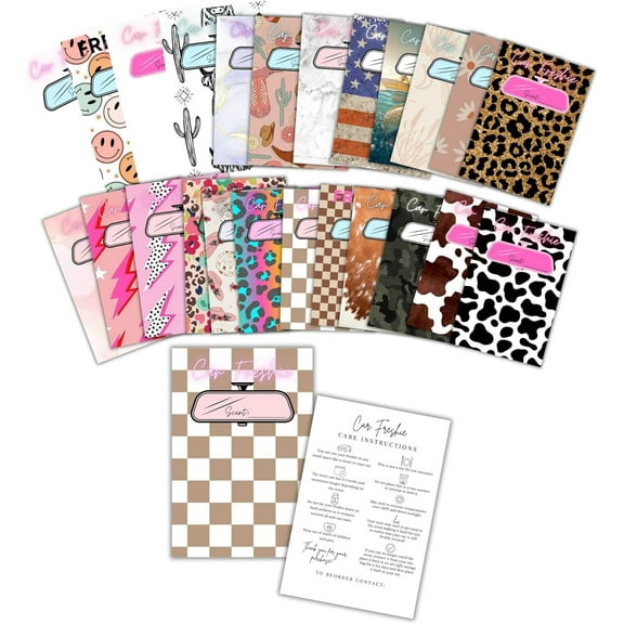 Assorted Car Freshie Insert Cards 50 pk 4x6 Mixed Retro Country Boho in 5x7 for Holographic Bags Freshie Scent Label Care Instruction Cardstock