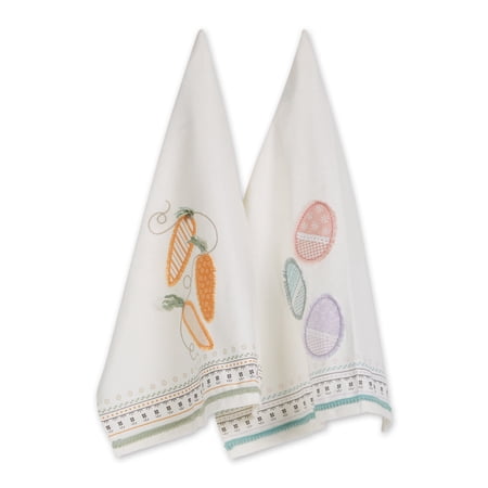 Multi-Color Cotton Carrots And Eggs Embellished Dishtowel (Set of 2) 18x28