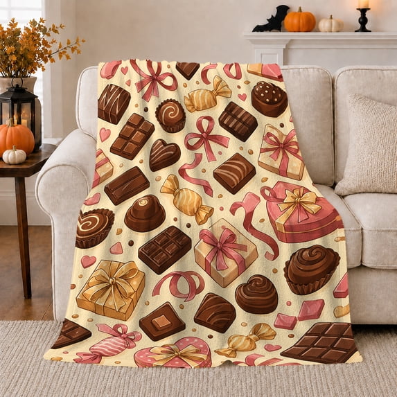 Assorted Chocolate Box Pattern, Festive Holiday Scene, Warm Flannel Blanket for Living Room and Reading Nook with Detailed Artwork, Art Lovers Friendship Gift, Festive Home Decor