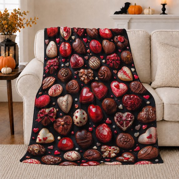 Assorted Chocolate Hearts and Candies on Black, Romantic Dessert Style for Chocolate Lovers, Red Sweet Pattern and Anniversary Gift, Soft Flannel Blanket for Bedroom and Guest Room, Home Decor