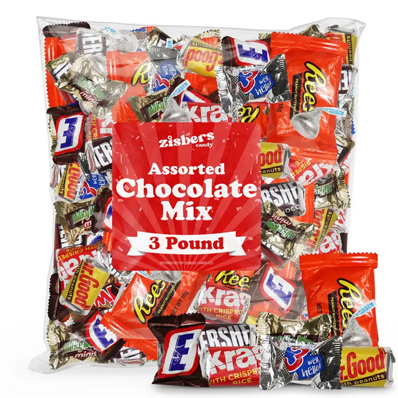 Zisbers Assorted Chocolate Variety Pack, 3 lb Bulk Bag of Individually Wrapped Chocolate Candy Bars, Mixed Chocolate Candy for Holidays & Parties