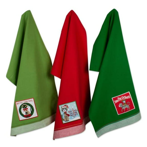 Assorted Christmas Kitty Embellished Dish Towel Set - Set of 3