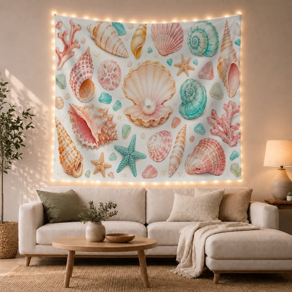 Assorted Coastal Seashells Scattered on White Background, Calming Watercolor for Ocean Lovers, Elegant Shell Wall Art, Housewarming Gift, Tapestry Wall Hanging for Bedroom and Dorm