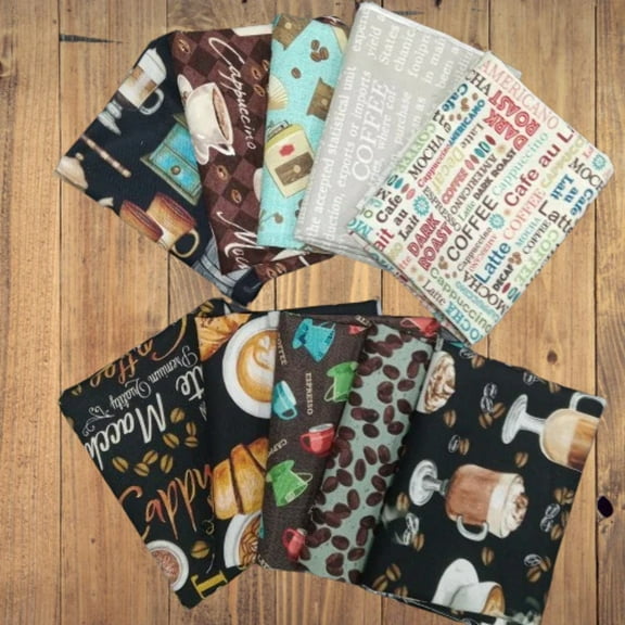 Assorted Coffee Theme Cotton - 1/2 Yard Cuts - 10 Prints- Fabric Bundle