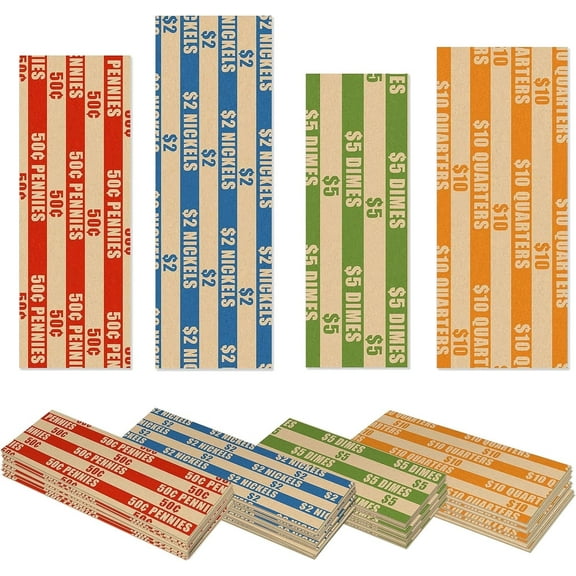 Assorted Coin Wrappers,Bexikou 150 Pcs Flat Stripped Coin Roll Wrapper for Quarters,Dimes,Nickels,Pennies,Bundle Flat Striped Coin Wrappers