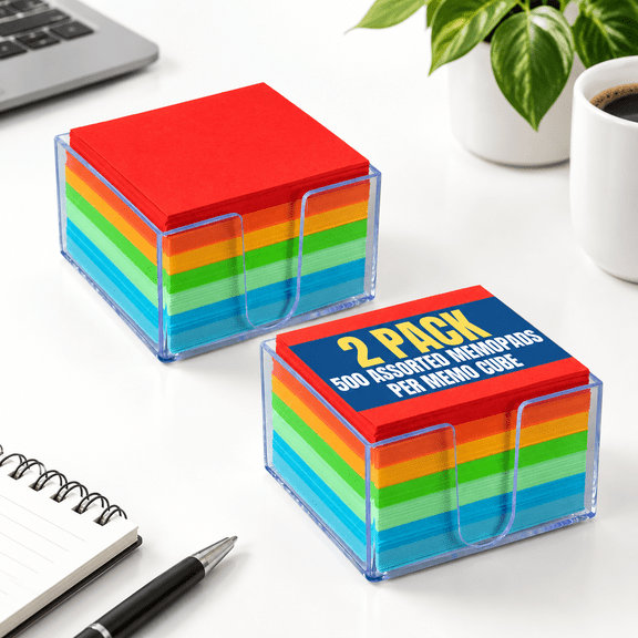 Assorted Color 500 Sheet Memo Cube Pad with Plastic Holder, 2 Pack