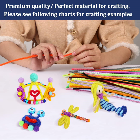 Assorted Color Chenille Stems Flexible Pipe Cleaners for Crafts, Floral Bouquet DIY, Decorations Wire Core, Soft Polyester Fiber 8 Bright Colors 12 in x 6 mm 100 Pack Twist Bend Shape
