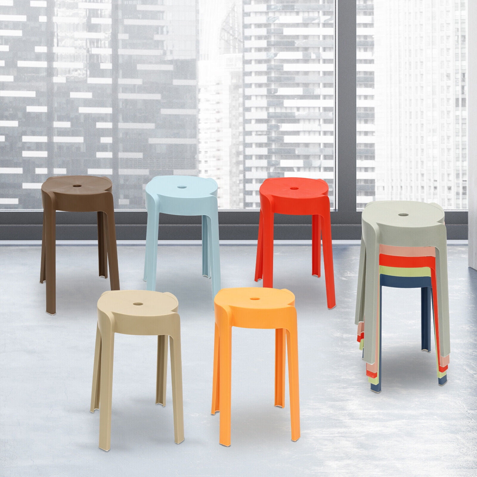 18-Inch Plastic Stacking Stools, 5-Pack – Backless Bar Stools For Kids, Classrooms, Home (Multi-Color)