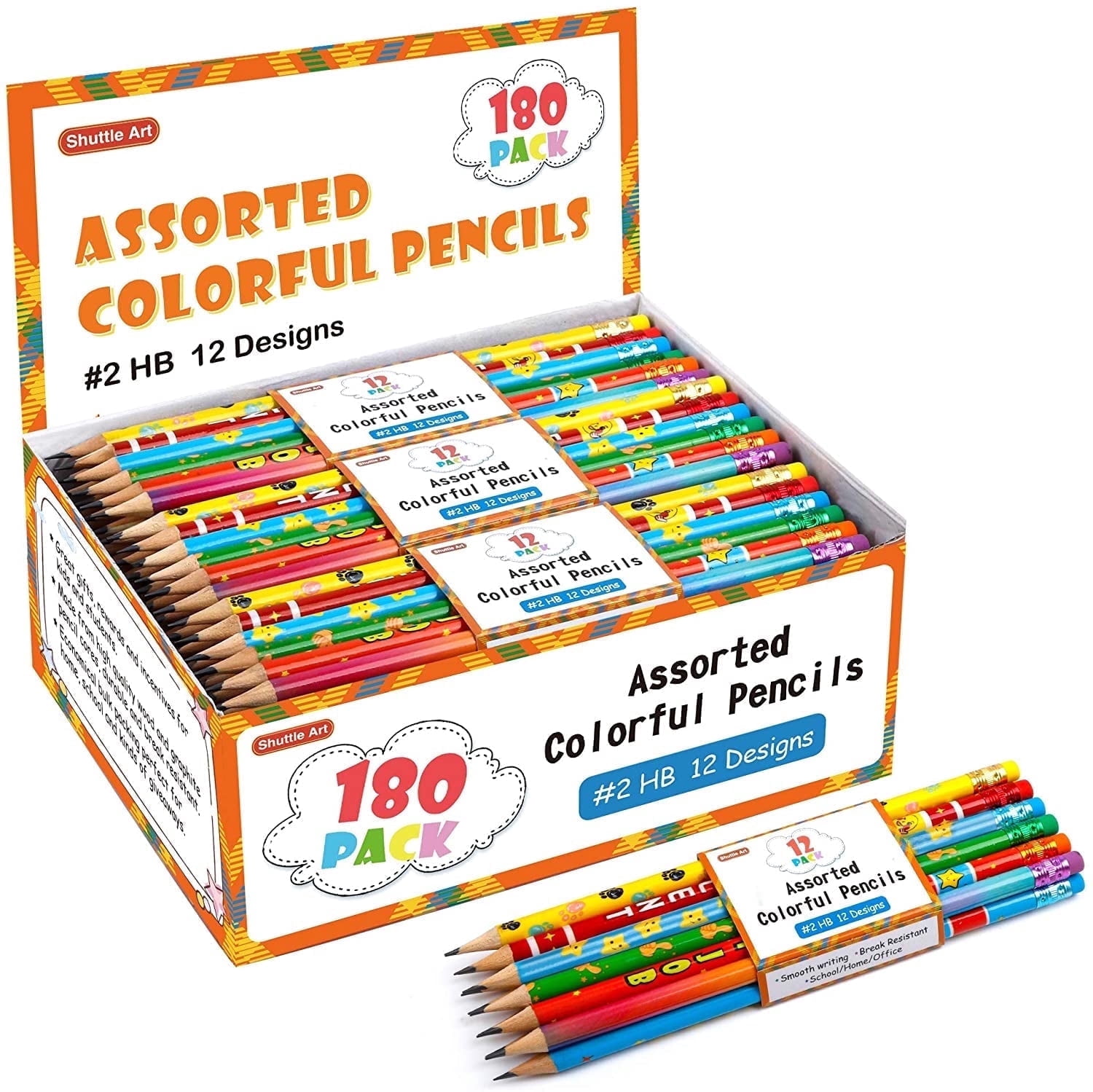 Assorted Colorful Pencils, Shuttle Art 180 Pack Pencils Bulk with 12 Designs, 2 HB, Pre-Sharpened Awards and Incentive Pencils for Home
