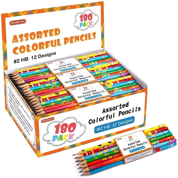 Assorted Colorful Pencils, Shuttle Art 180 Pack Pencils Bulk with 12 Designs, 2 HB, Pre-Sharpened Awards and Incentive Pencils for Home