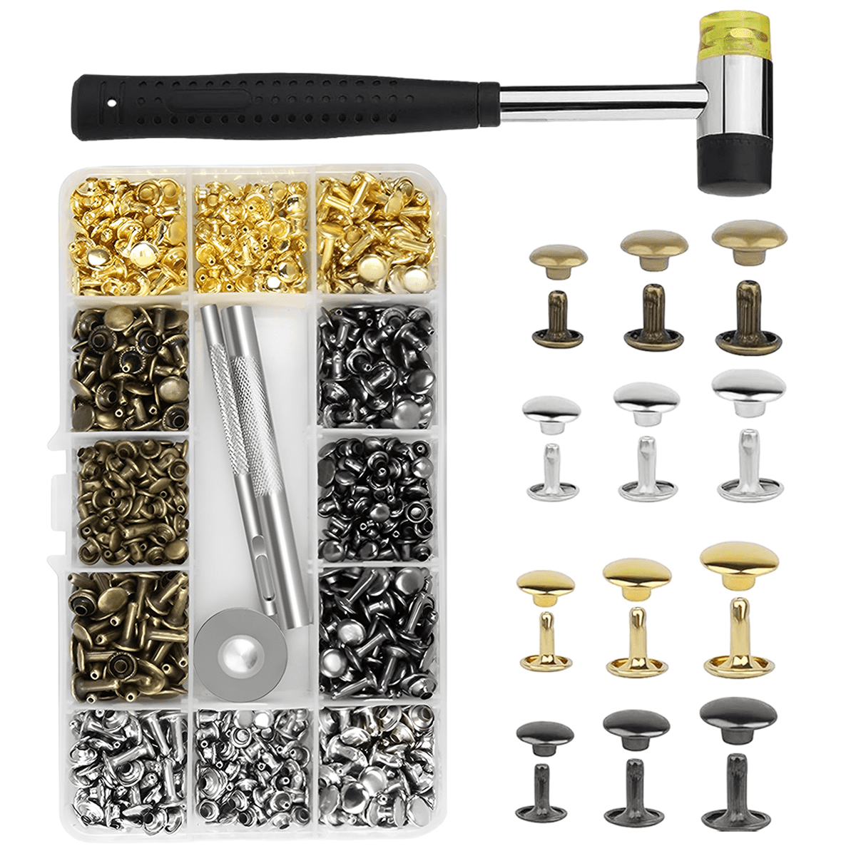Assorted Colors Leather Rivets, Leather Craft Repairs Decoration, Setting Tool Kit for Tubular Metal Studs, Anti-Rust Double Cap Rivet, 300 Sets Assorted Sizes, Metal Studs for