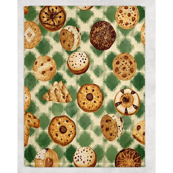 Assorted Cookies and Pastries Green and Cream Fleece Blanket, Polyester Fleece Fabric, 280 GSM, Kitchen Theme