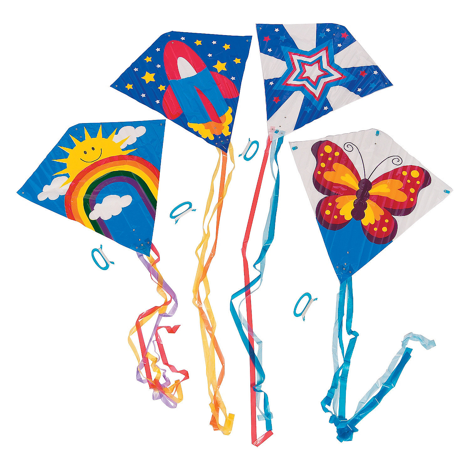 Assorted Flying Kite Pack by Fun Express, 28 x 28 with 54 in Tails, Assorted Styles and Colors, 200 feet of String with Handle, 12 Pieces