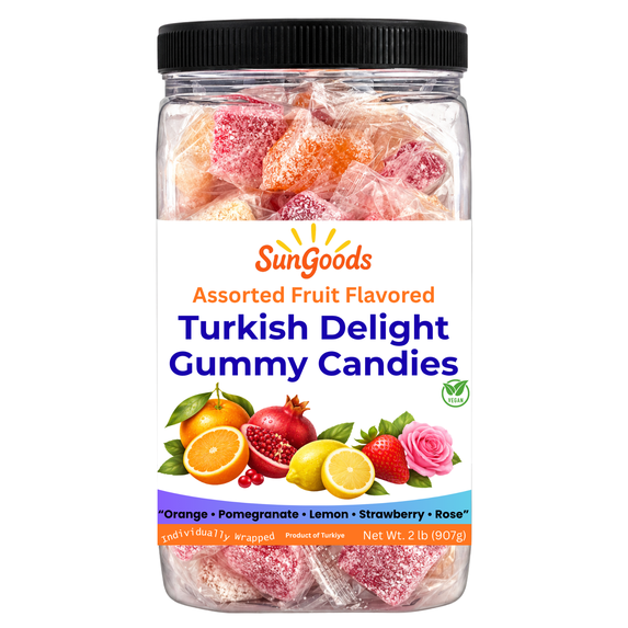Assorted Fruit Flavored Turkish Delight Gummy Candies, Individually Wrapped Vegan Soft Chewy Candy, Orange Pomegranate Lemon Strawberry Rose Flavors, Product of Türkiye, 2 lb (907g)