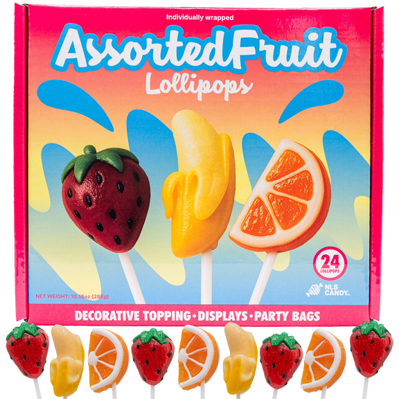 Assorted Fruit Lollipops, Strawberry Banana Orange Flavors, Individually Wrapped, 24 Count, 14.2 oz