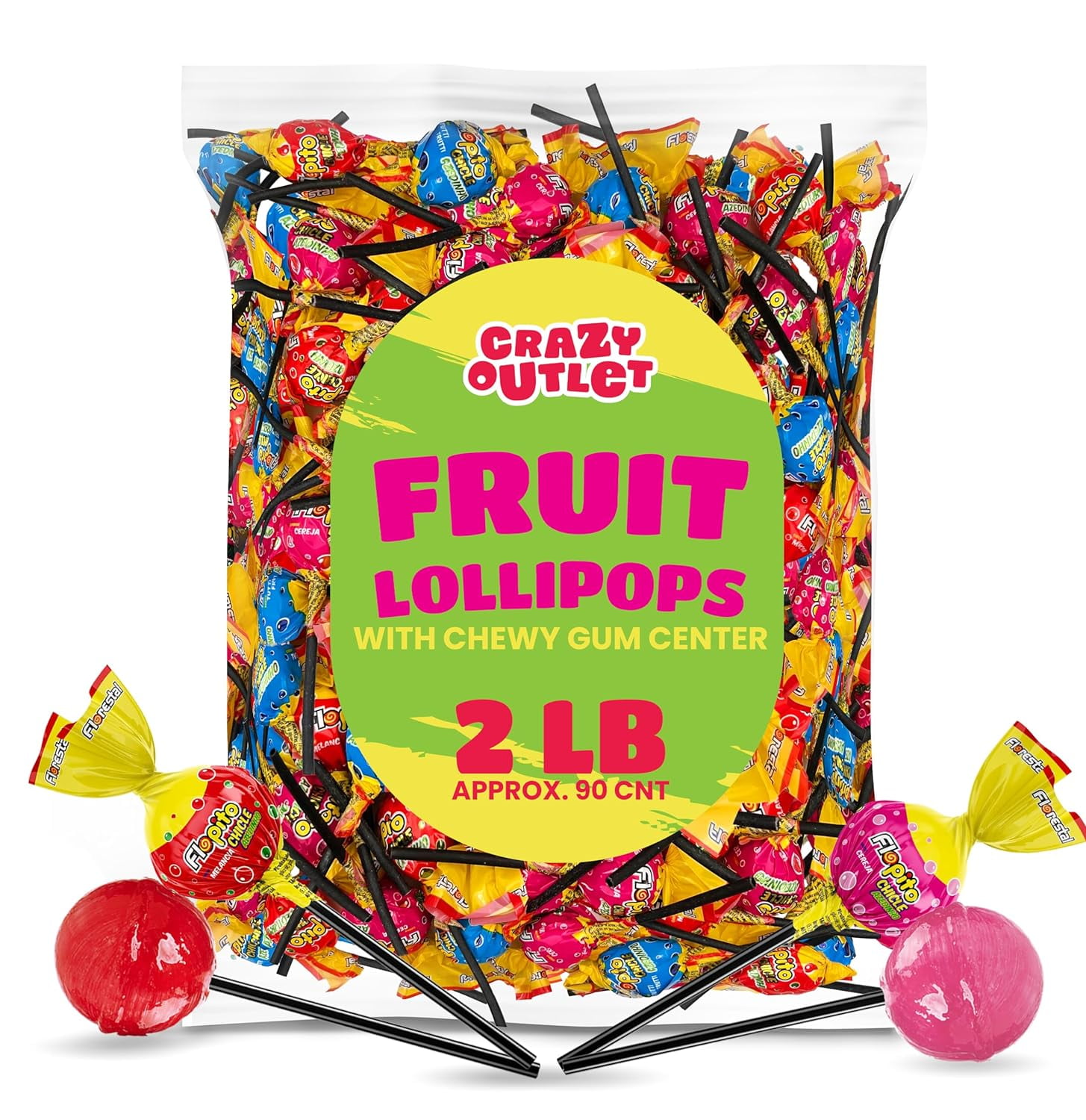 Assorted Fruit Lollipops with Chewy Gum Center Bulk Pack 2 Pounds