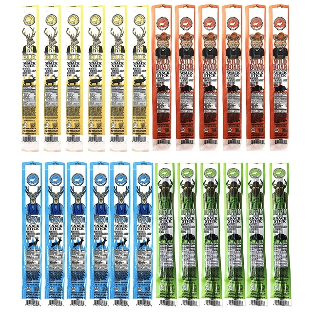 Assorted Game Meat Sticks Variety Pack of 24 (1oz sticks, 6 each) Elk, Buffalo, Venison, Wild