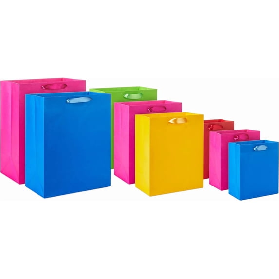 Assorted Gift Bags (8 Bags: 3 Small 6", 3 Medium 9", 2 Large 13") Solid Pink, Blue, Green, Yellow, Red