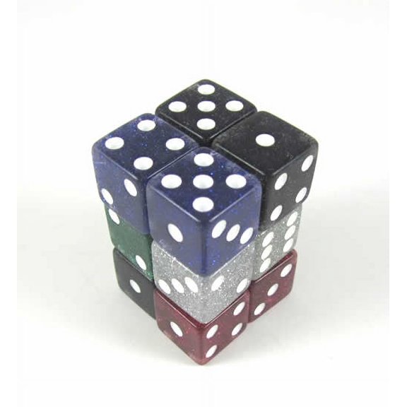 Assorted Glitter Dice with White Pips D6 16mm (5/8in) Pack of 12 Koplow Games