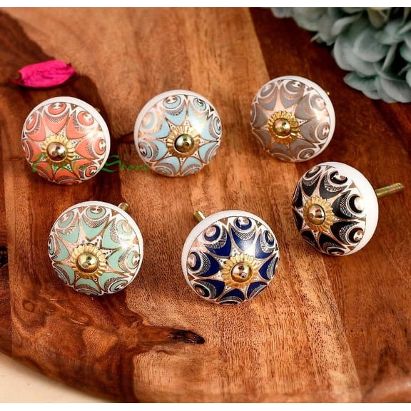 Assorted Gold Rare Hand Painted Ceramic Cabinet Knobs and Pulls with Brass Hardware For Kitchen And Bathroom Cabinets Drawers Dressers 10 Pcs Lot