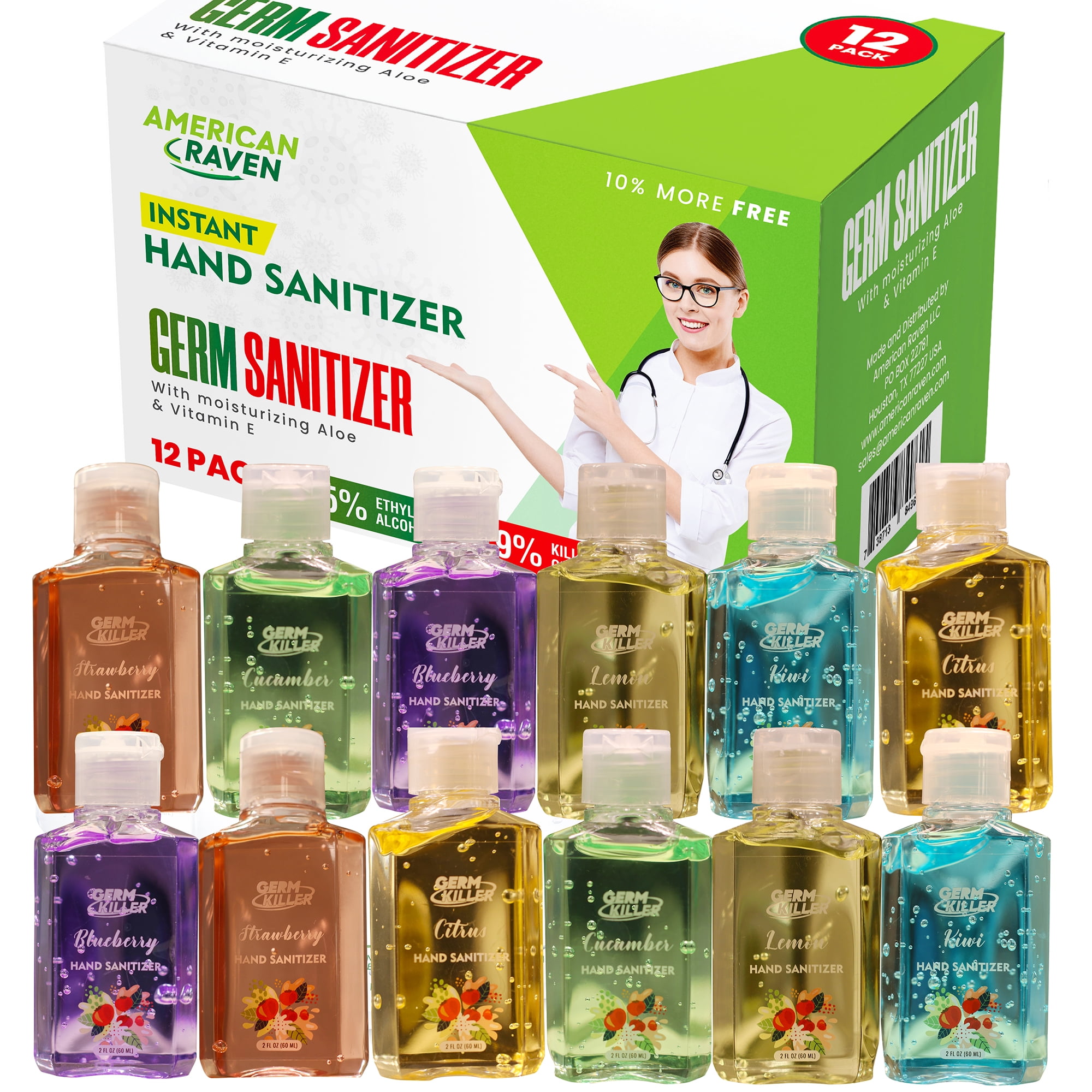 Assorted Hand Sanitizer Gel Pack of 10 with Aloe Vera Lemon Citrus Cucumber Strawberry Blueberry Mini Travel Bulk Hand Sanitizer Gel 2 oz
