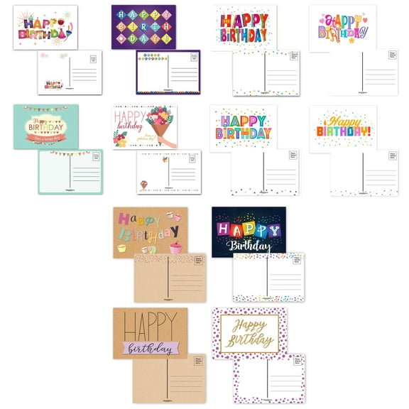 Assorted Happy Birthday Postcards - 36 Postcards, 12 Different Designs, 3 of Eac
