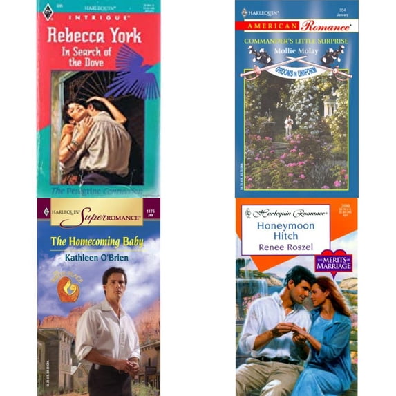 Assorted Harlequin Romance Paperback Book Bundle (4 Pack): In Search of the Dove Harlequin Intrigue, No. 305, The Peregrine Connection Mass Market Paperback, Commanders Little Surprise: Grooms in Unif