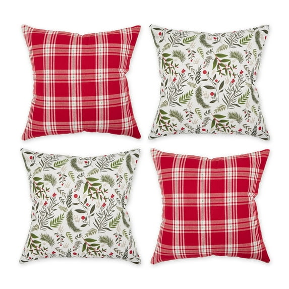 Assorted Holiday Sprig Print And Plaid Pillow Cover 18X18 (Set Of 4)