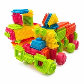 Assorted Interlocking Spike Bristle Building Bricks, Kids DIY Construction Play Set, Variety Shape Blocks with Zipper Storage Bag for Indoor Home Play