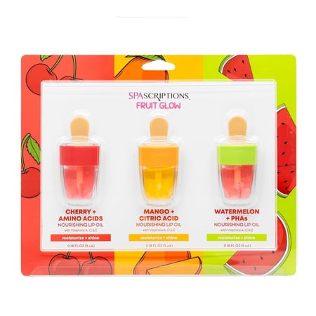SpaScriptions Lip Oil Trio Set - Hydrating Cherry, Mango & Watermelon Flavor 3-Pack with Clear, Glossy, Long-Lasting Non-Sticky Shine for Women, Lightweight Daily Lip Care for Layering Over Lipstick