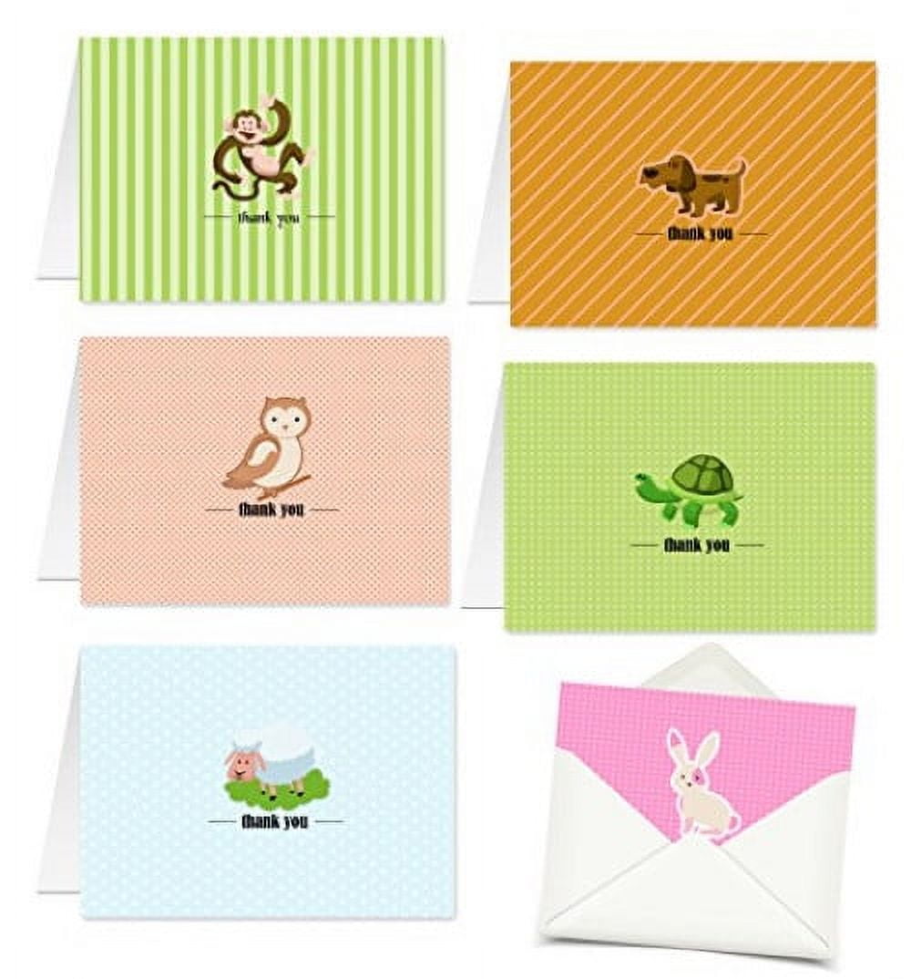Assorted Lovely Animal Thank You Greeting Cards, Great for Baby Showers, Kid's Birthdays, Announcements, Holidays, etc. | 4 x 6” Cards When Folded | Pack of 30