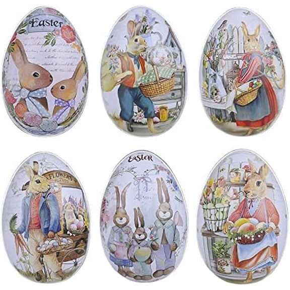 Assorted Metallic Easter Egg Container Different Design Wedding Supplies Painting Print Candy Packaging Box Tin Easter Day Eggs Random Color (6)