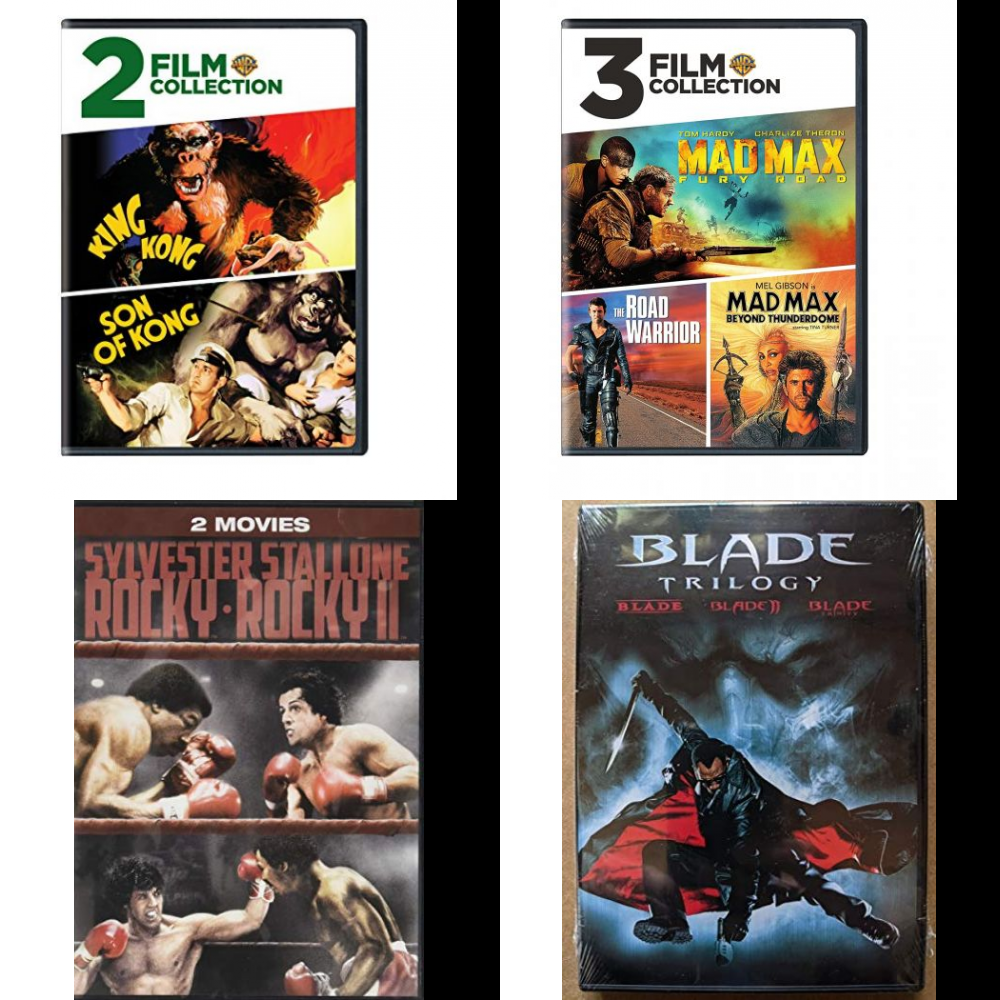 Assorted Multi-Feature Collections 4 Pack DVD Bundle: 2 Movies: King Kong /  The Son of Kong, 3 Movies: Mad Max Features, 2 Movies: Rocky 1 & 2, 3 Movies:  Blade Trilogy 