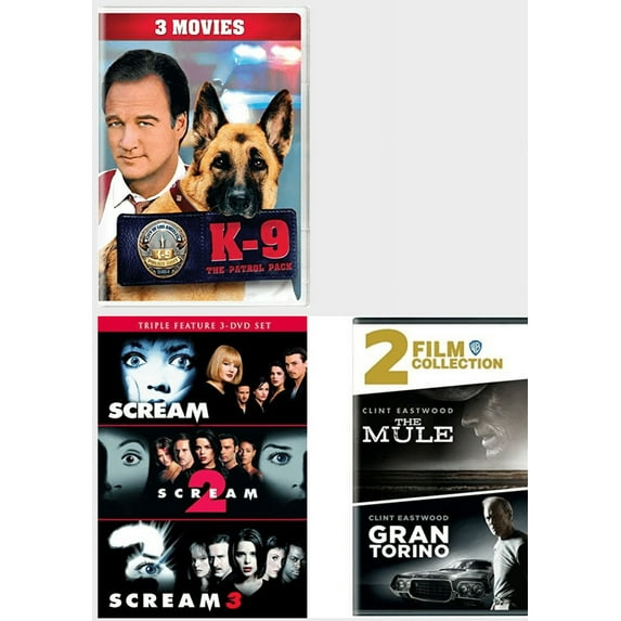 Assorted Multi-Feature Collections 4 Pack DVD Bundle: 3 Movies: K-9: The Patrol Pack, , 3 Movies: Scream 3, 2 Movies: The Mule / Gran Torino