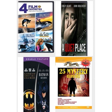 Assorted Multi-Feature Collections 4 Pack DVD Bundle: 4 Movies: Free Willy 1-4, 2 Movies: A Quiet Place, 2 Movies: Batman / Batman Returns, 25 Mystery Classics
