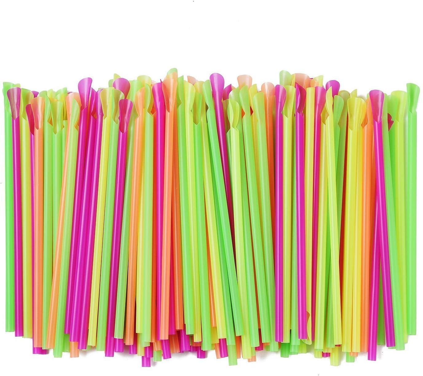 Assorted Neon Colors SnoCone Plastic Spoon Drinking Straws, Pack of