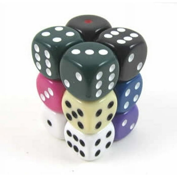 Assorted Opaque Deluxe Dice with Pips D6 16mm (5/8in) Pack of 12 Koplow Games