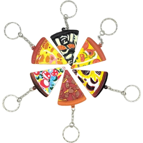 Assorted Pizza Slices Keychains (12 Pack) Highly Detailed 3D Design. Rubber. 2" Slices. Birthday Goodie Party Favor