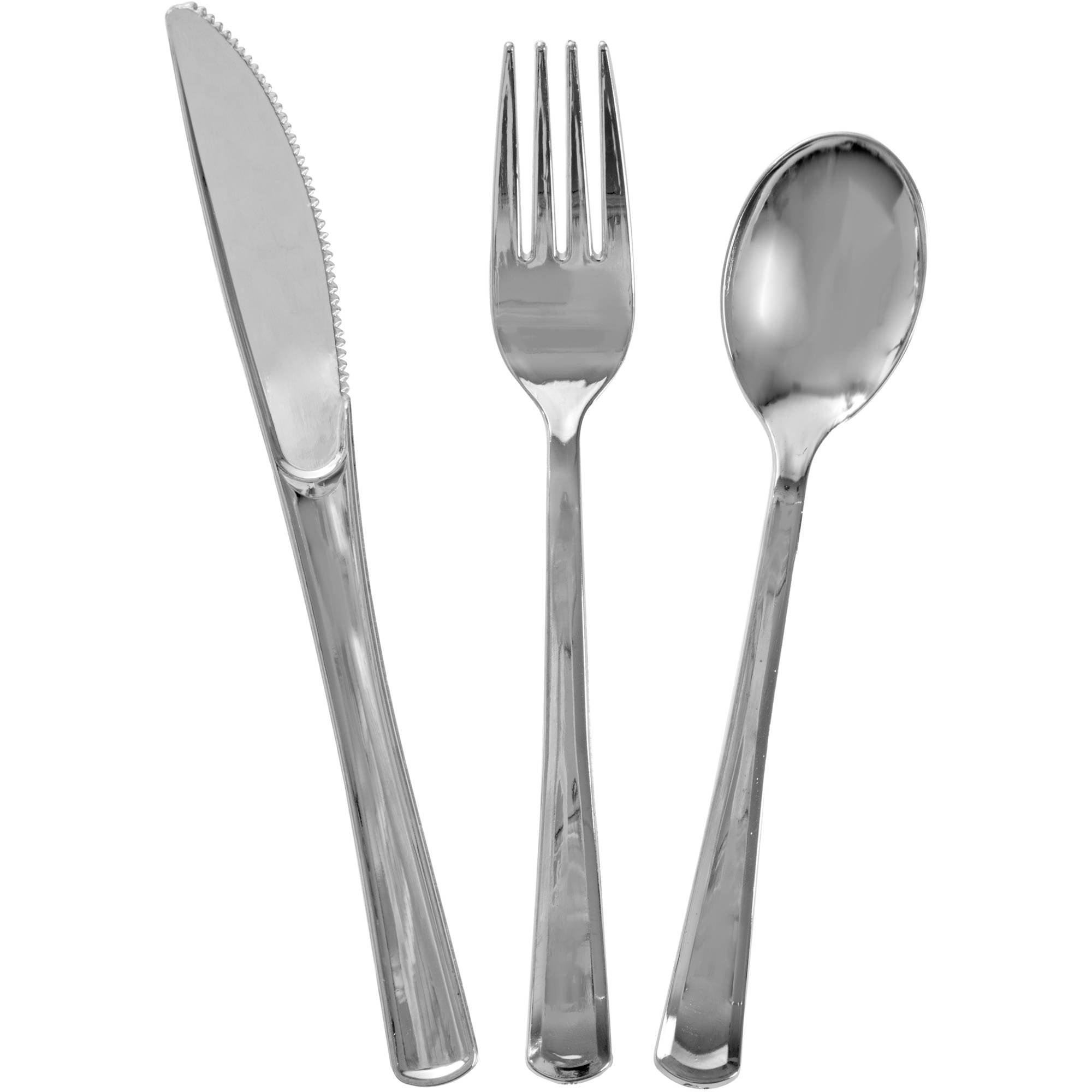 Assorted Plastic Silverware for 6, Metallic Silver, 18pc
