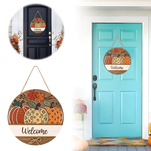 Assorted Print Fall Pumpkin Round Door Hanging Plaid Wooden Sign Seasonal Front Porch Wall Ornament Farmhouse Autumn Thanksgiving Indoor Outdoor Home Decor Gift