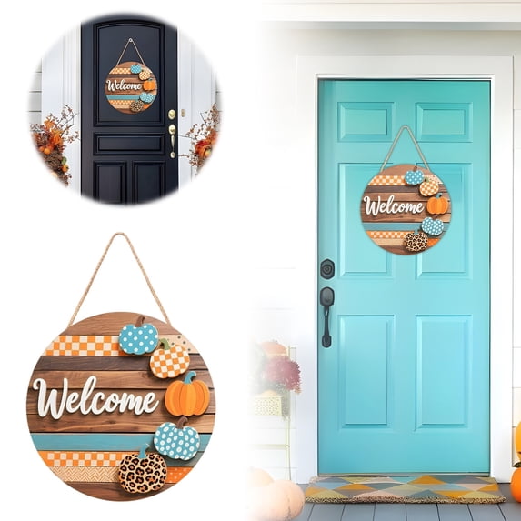 Assorted Print Fall Pumpkin Round Door Hanging Plaid Wooden Sign Seasonal Front Porch Wall Ornament Farmhouse Autumn Thanksgiving Indoor Outdoor Home Decor Gift