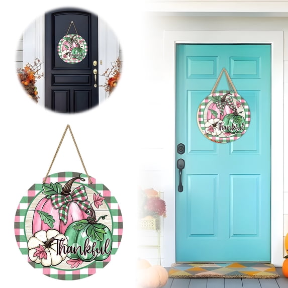 Assorted Print Fall Pumpkin Round Door Hanging Plaid Wooden Sign Seasonal Front Porch Wall Ornament Farmhouse Autumn Thanksgiving Indoor Outdoor Home Decor Gift