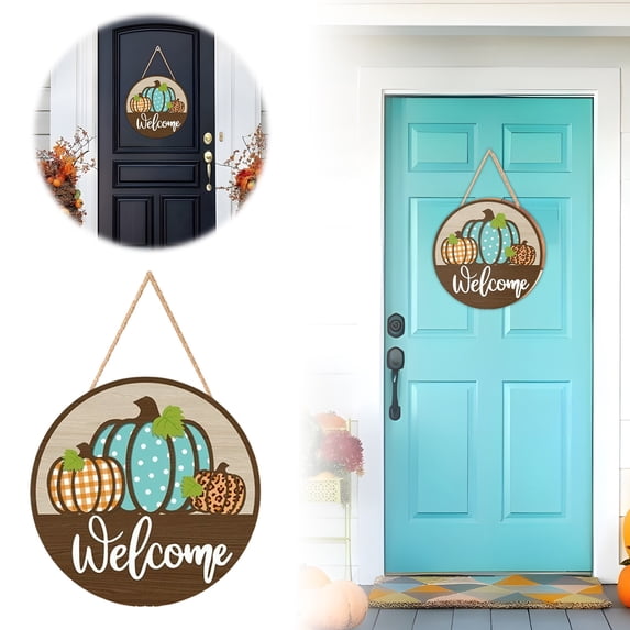 Assorted Print Fall Pumpkin Round Door Hanging Plaid Wooden Sign Seasonal Front Porch Wall Ornament Farmhouse Autumn Thanksgiving Indoor Outdoor Home Decor Gift