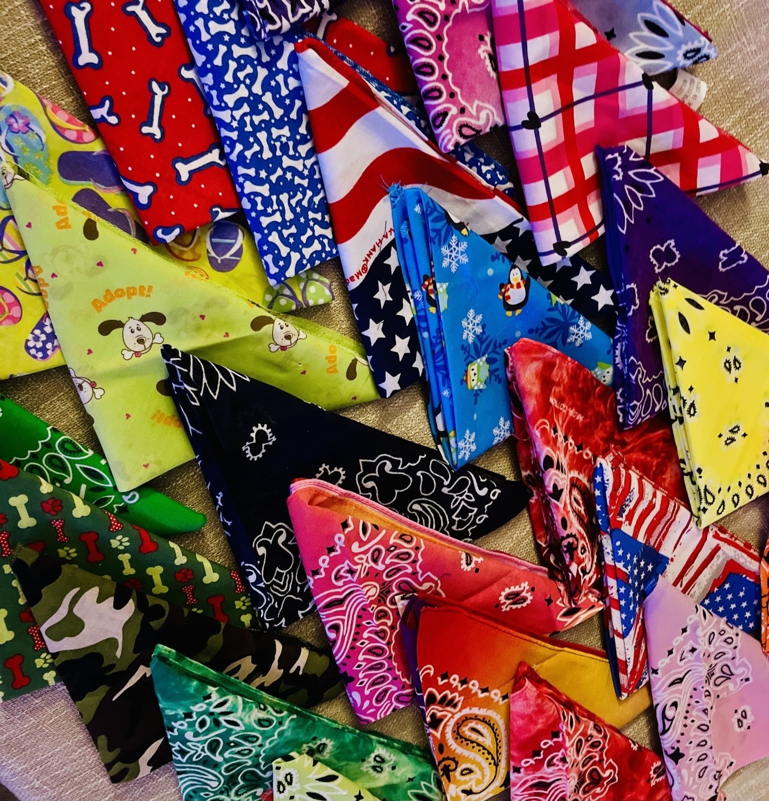 Assorted Random Bulk Pack Stylish Bandanas for Dogs and Humans Square Cotton (50 Pack)